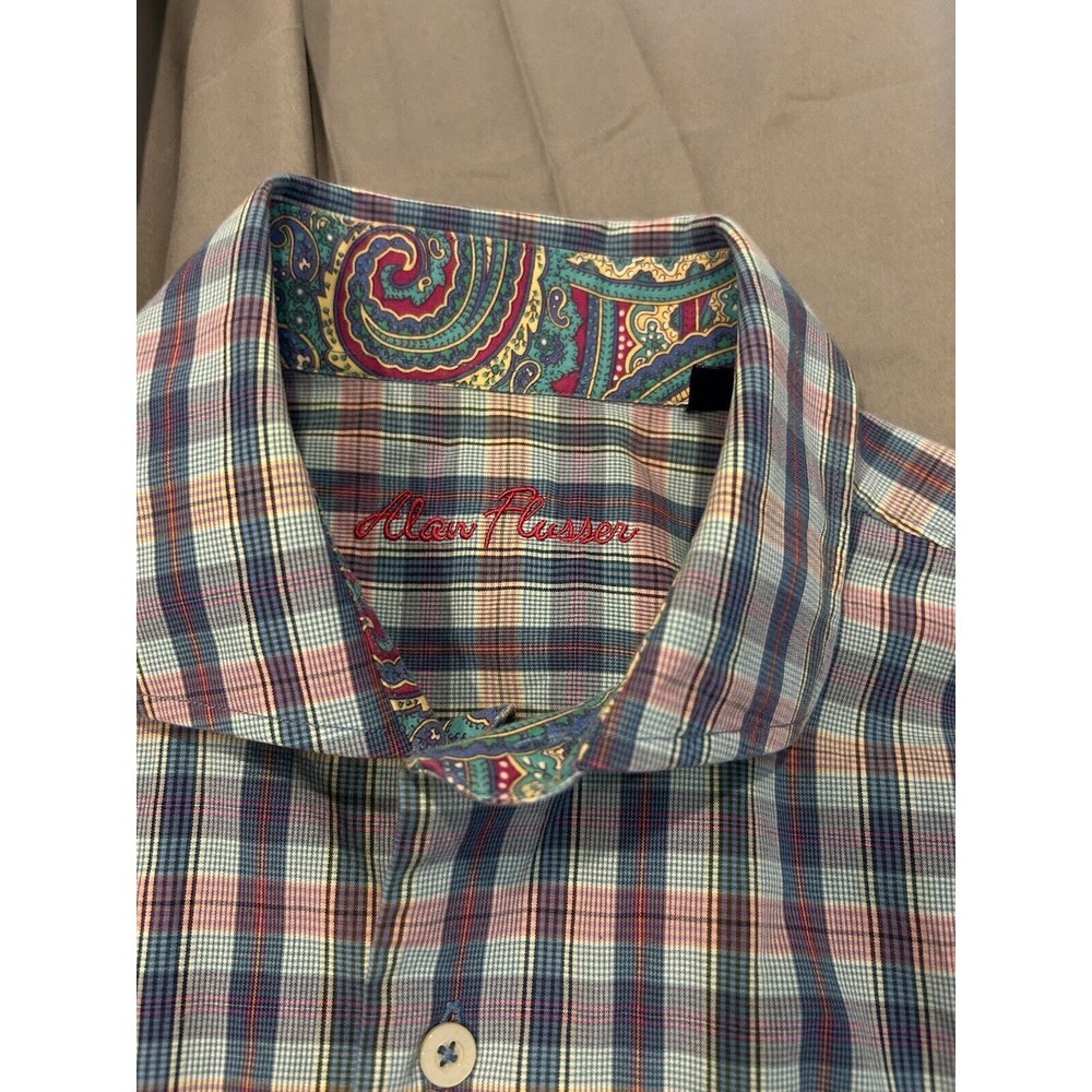 Alan Flusser Mens Button Shirt Large Long Sleeve Plaid Paisley Flip Cuff Sz L‎